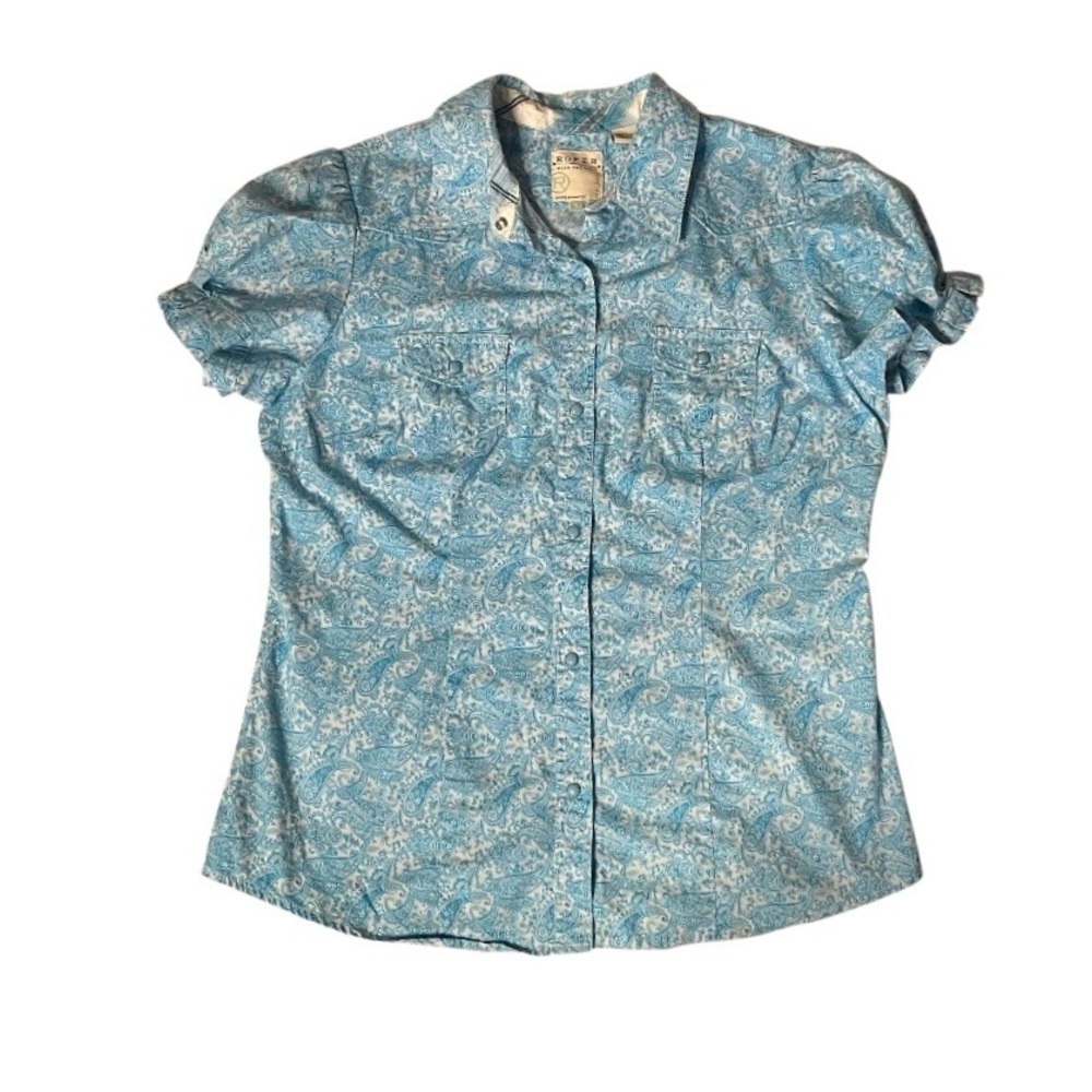 ROPER Blue Western Blouse Pearl Snaps Short Puff Sleeves Paisley Size Large - Picture 5 of 10